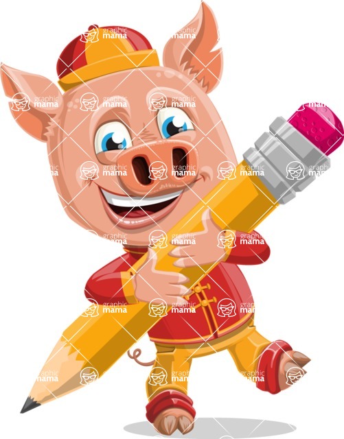 Year of the Pig Character - Vector Pig Cartoon - Year of the Pig Vector Character with a Pencil